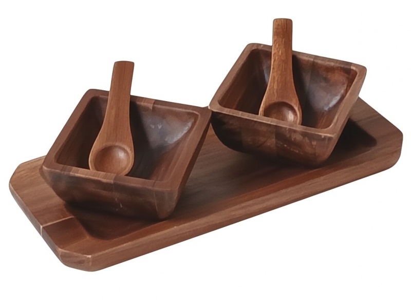 Bespoke Acacia Wood Dip Bowl Set with Spoons and Serving Tray